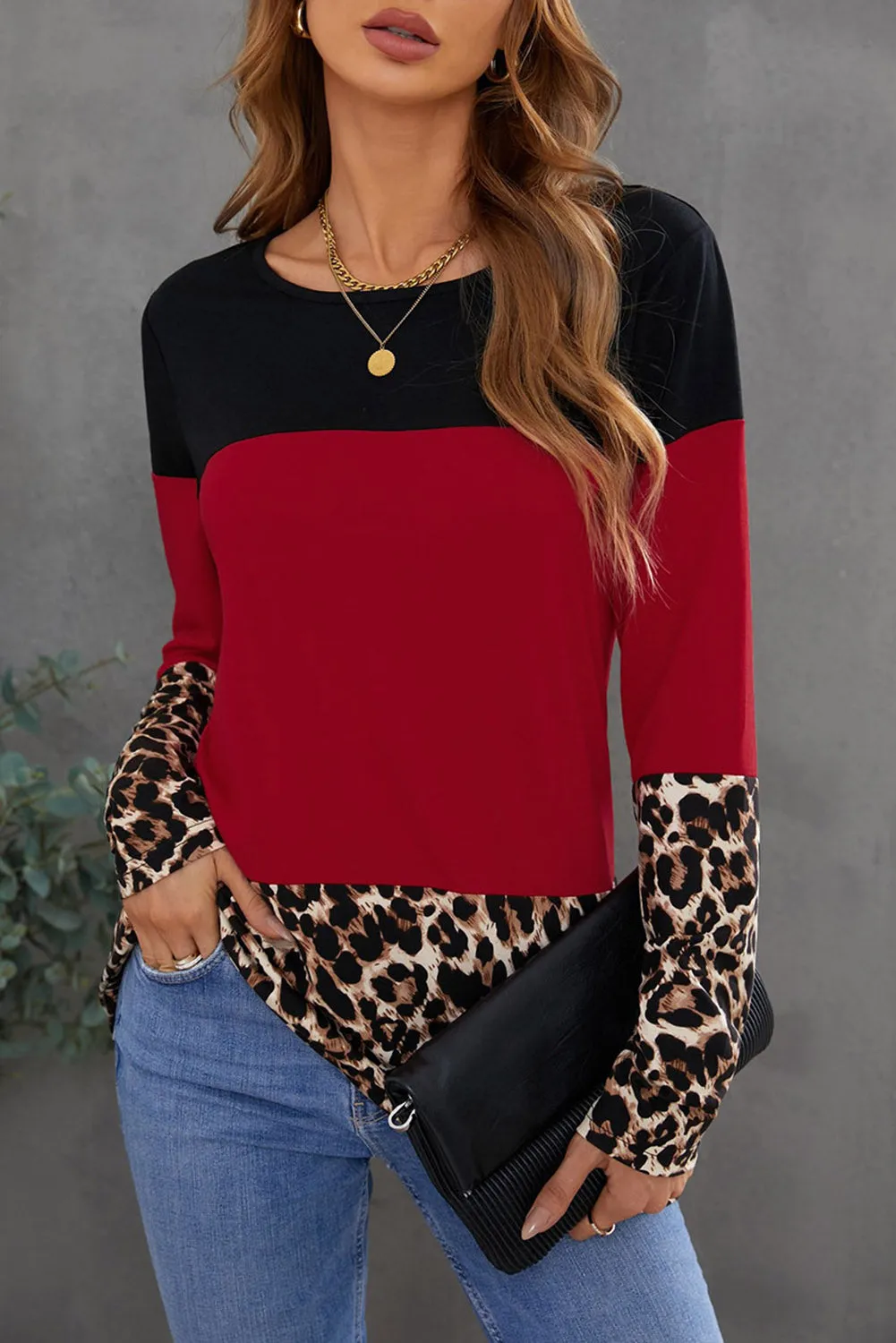 Parent Child Matching Mom's Leopard Colorblock Long Sleeve Top