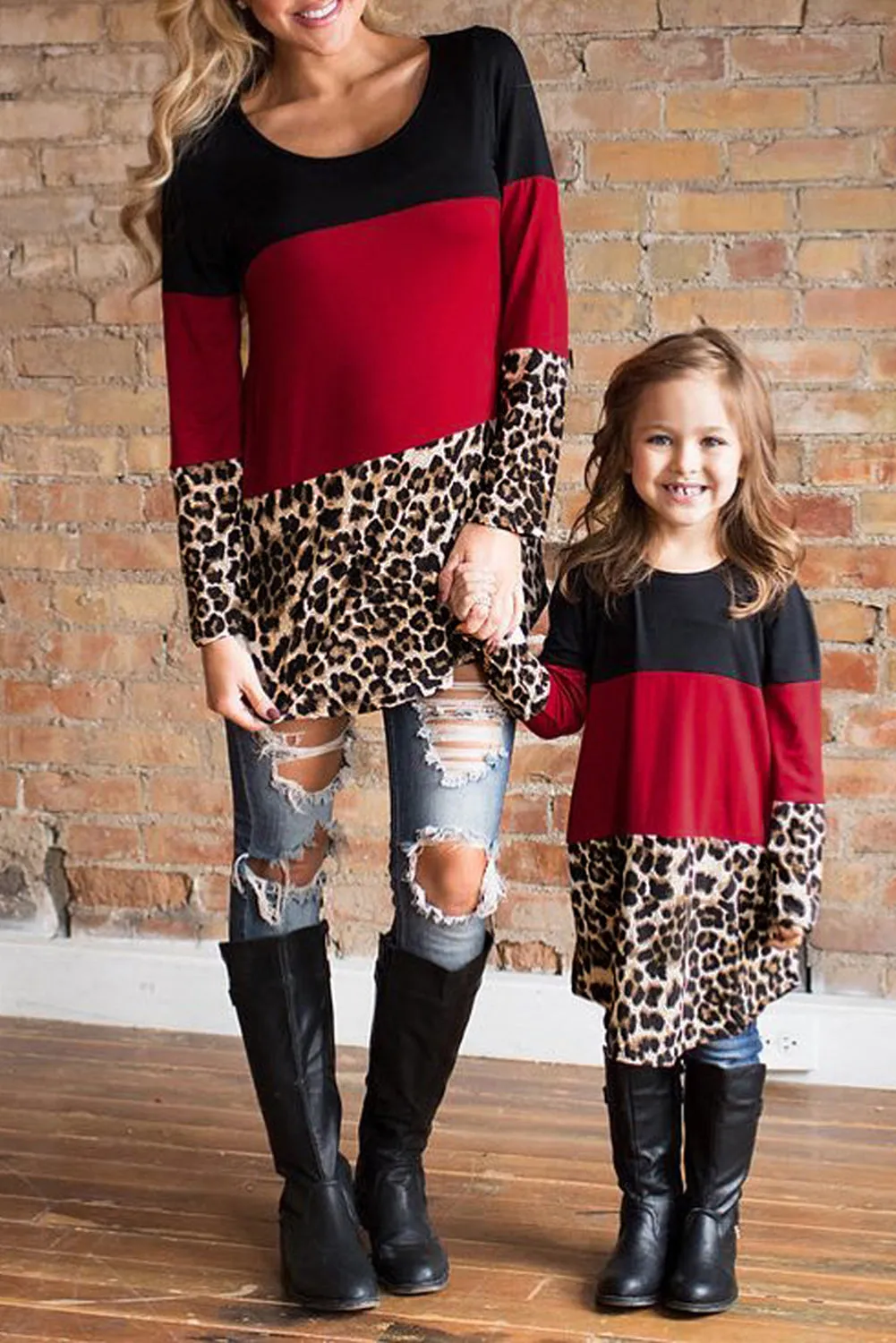 Parent Child Matching Mom's Leopard Colorblock Long Sleeve Top