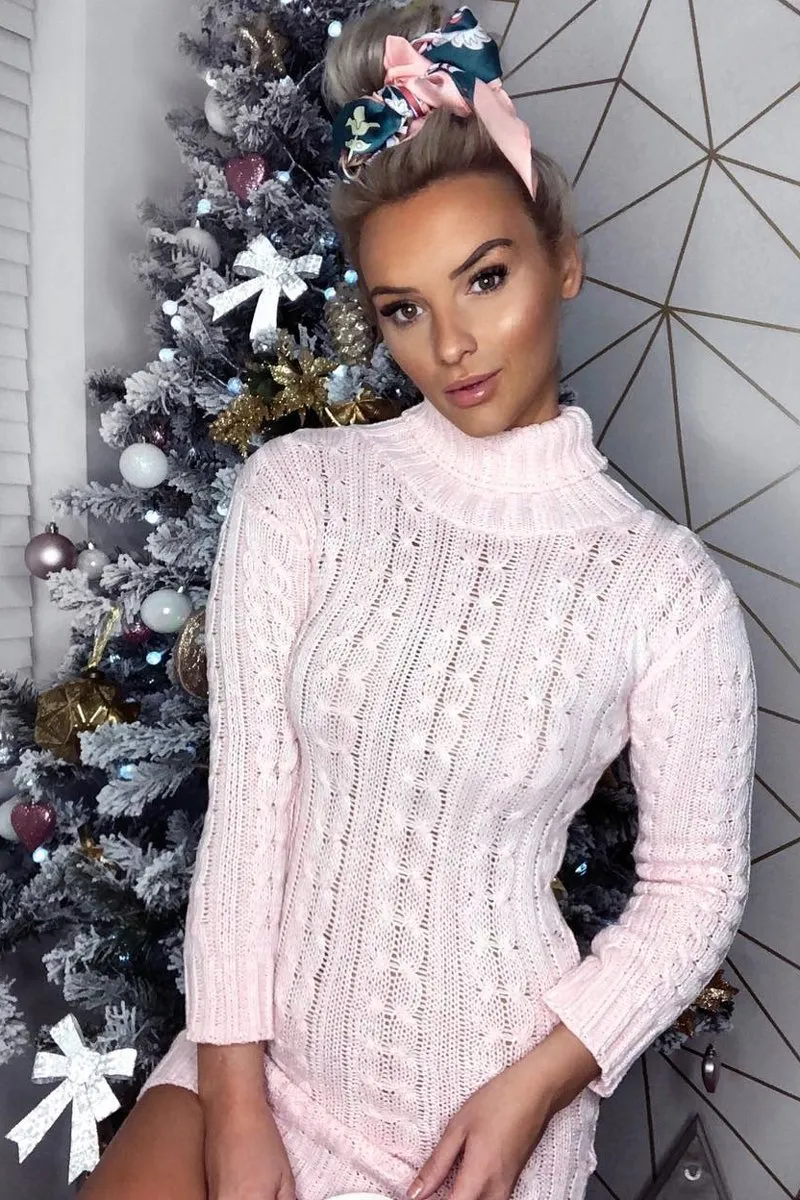 Pink Cable Knit Roll Neck Jumper Dress - Matilda