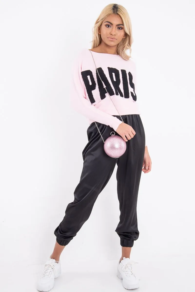Pink Rib Knit Paris Slogan Jumper - Khylah
