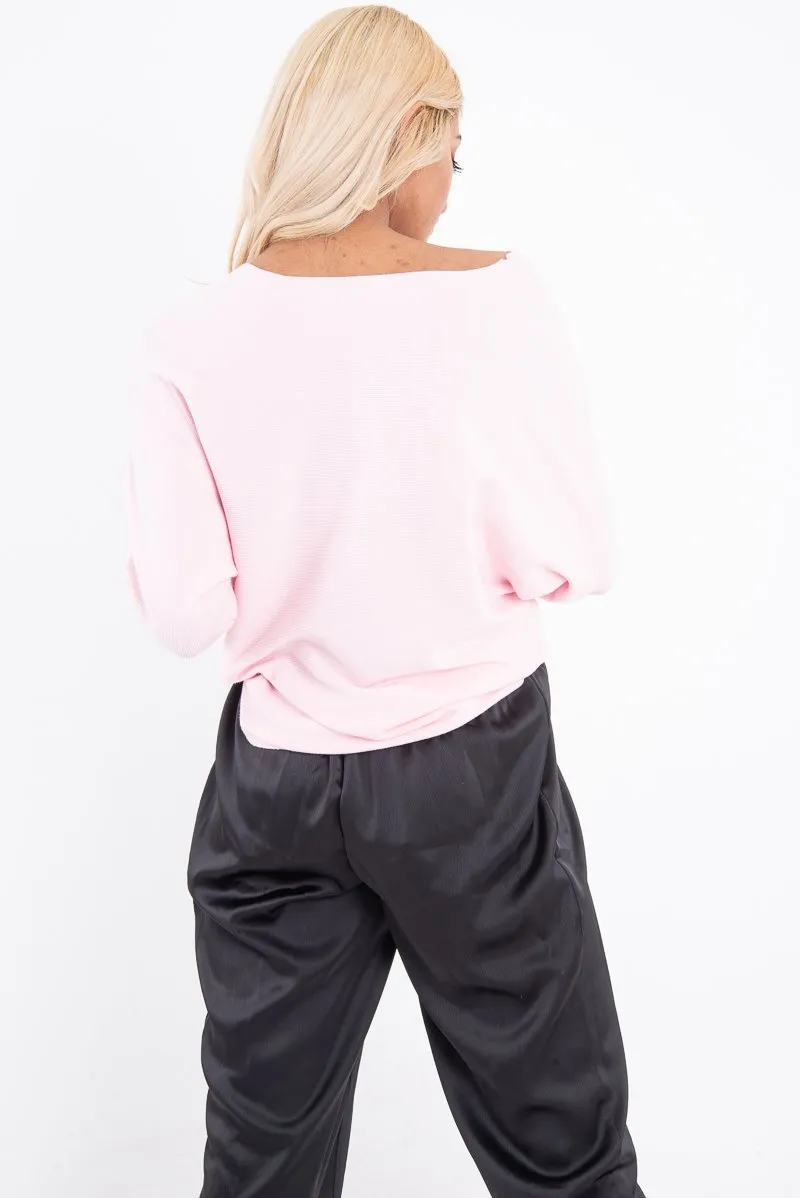 Pink Rib Knit Paris Slogan Jumper - Khylah
