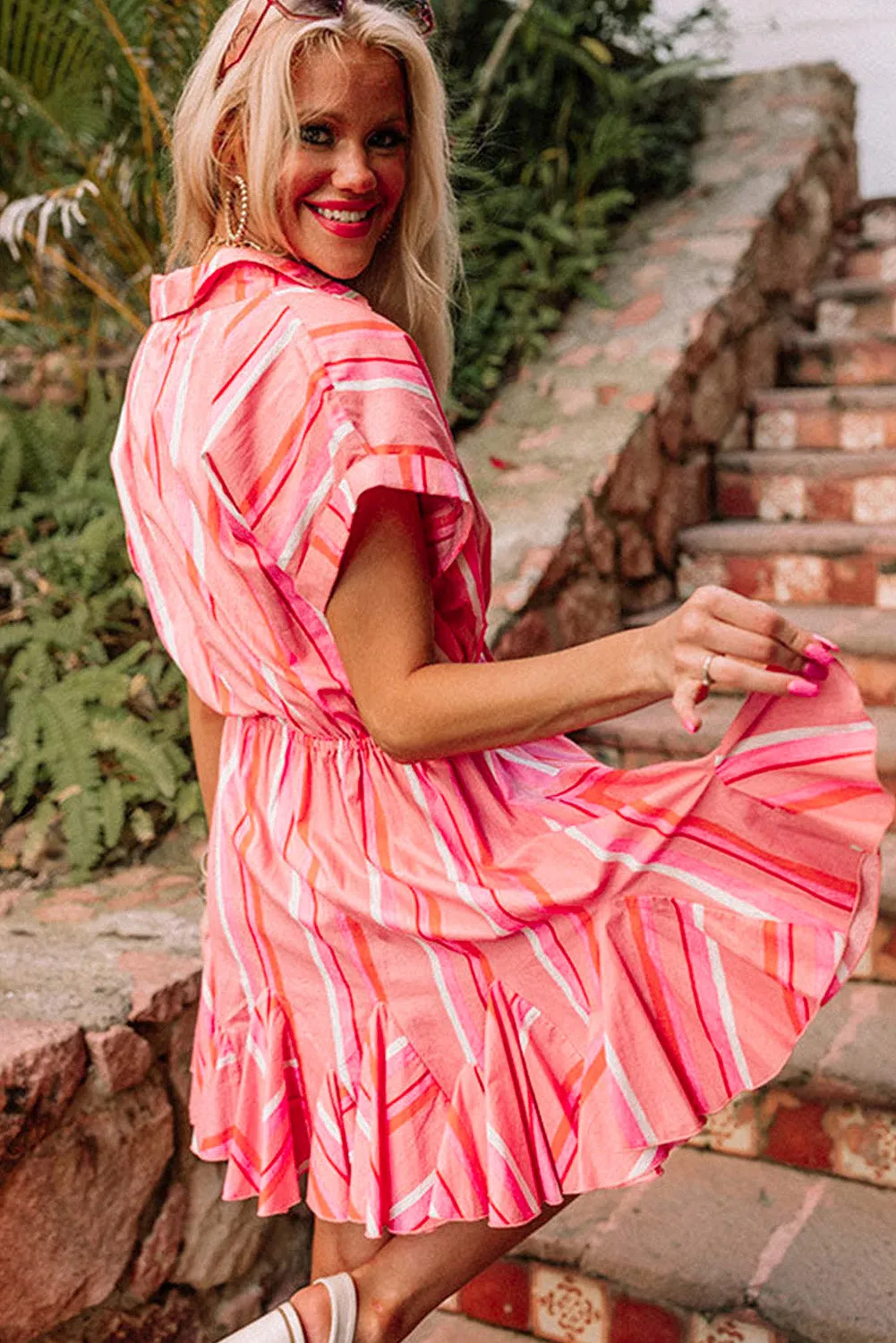 Red Stripe Print Rolled Short Sleeve V Neck Mini Dress