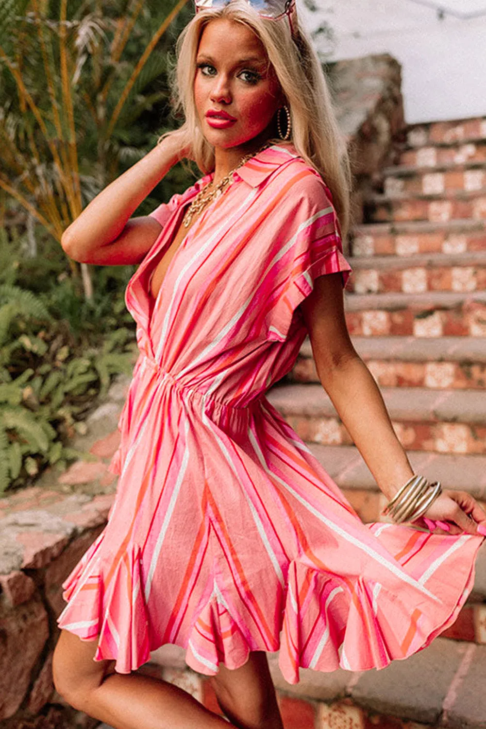 Red Stripe Print Rolled Short Sleeve V Neck Mini Dress