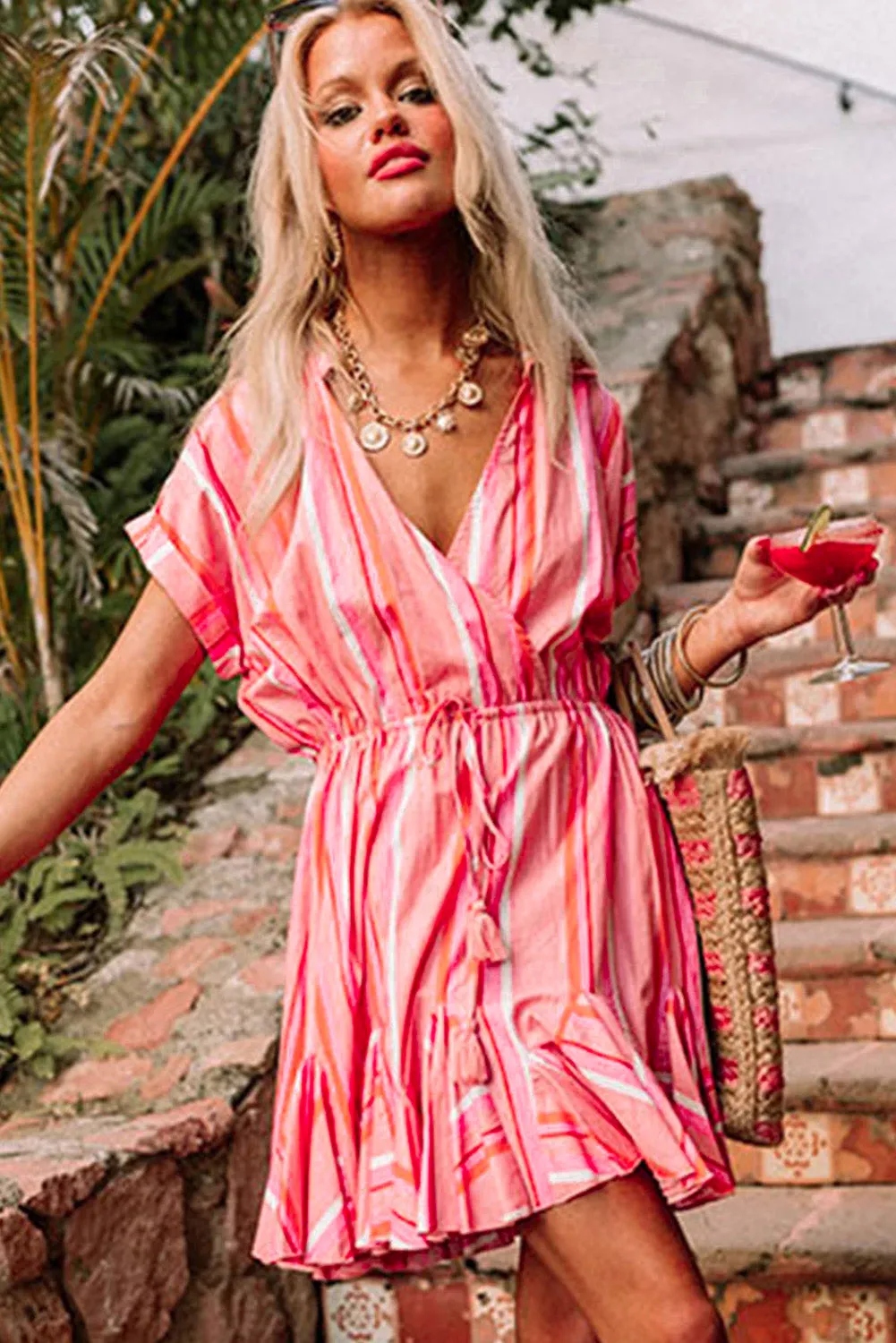 Red Stripe Print Rolled Short Sleeve V Neck Mini Dress