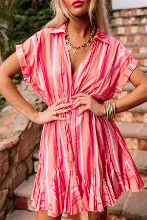 Red Stripe Print Rolled Short Sleeve V Neck Mini Dress