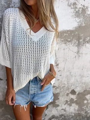 Relaxed Fit Open-Knit V-Neck Top