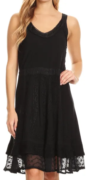 Sakkas Dalila Sleeveless Midi Dress Stonewash with Embroidery and Crochet Lace