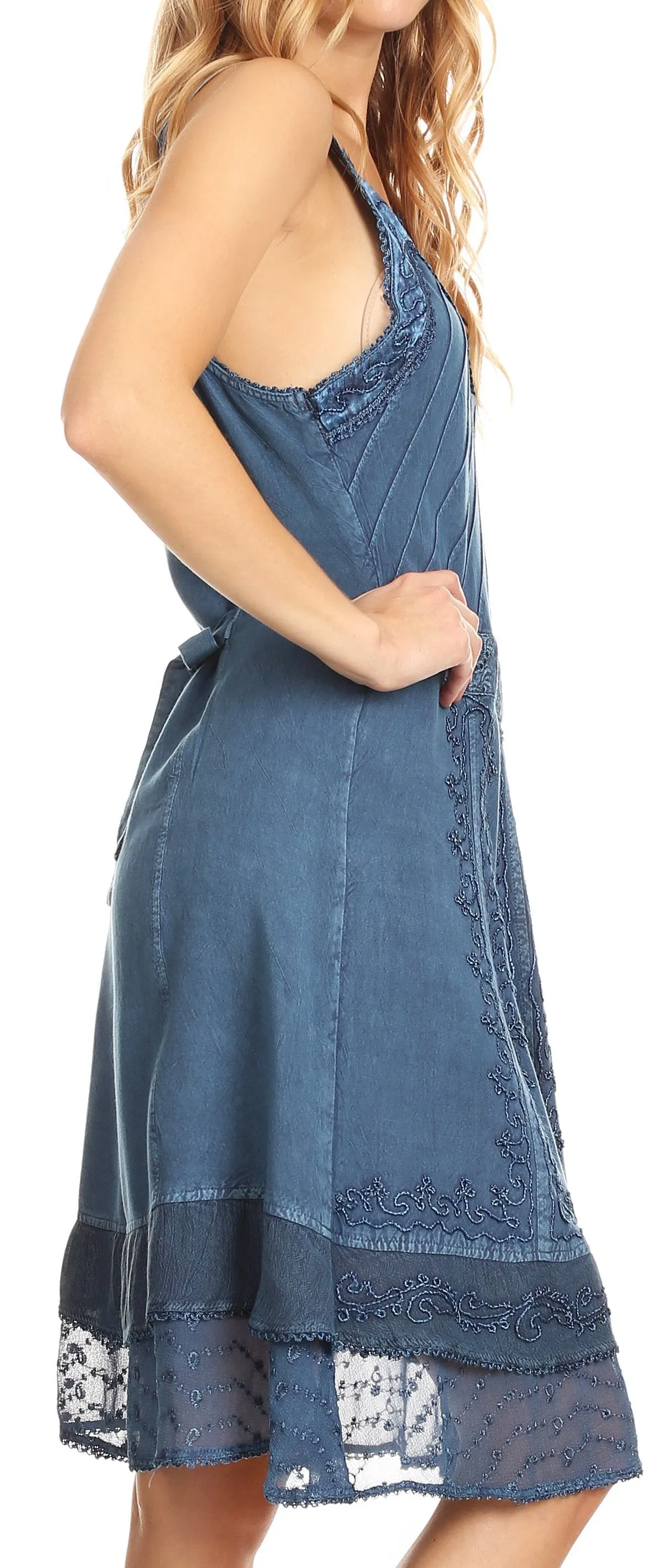 Sakkas Dalila Sleeveless Midi Dress Stonewash with Embroidery and Crochet Lace