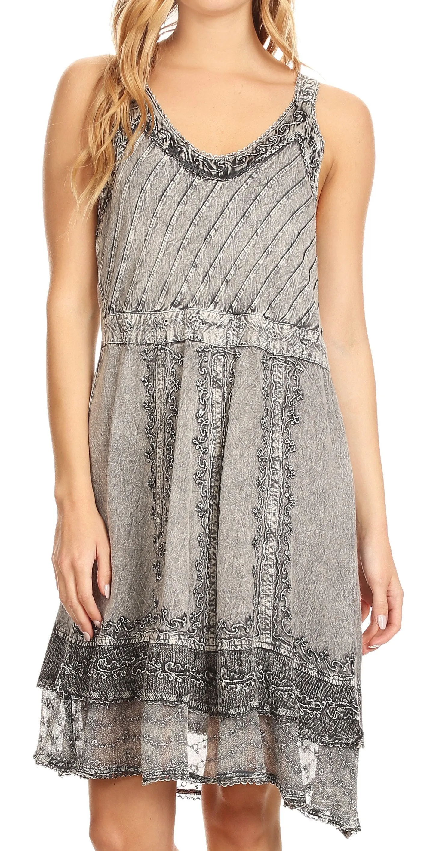 Sakkas Dalila Sleeveless Midi Dress Stonewash with Embroidery and Crochet Lace