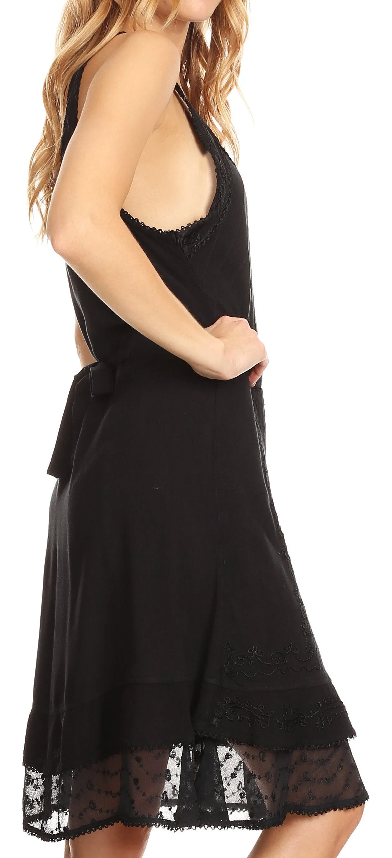 Sakkas Dalila Sleeveless Midi Dress Stonewash with Embroidery and Crochet Lace