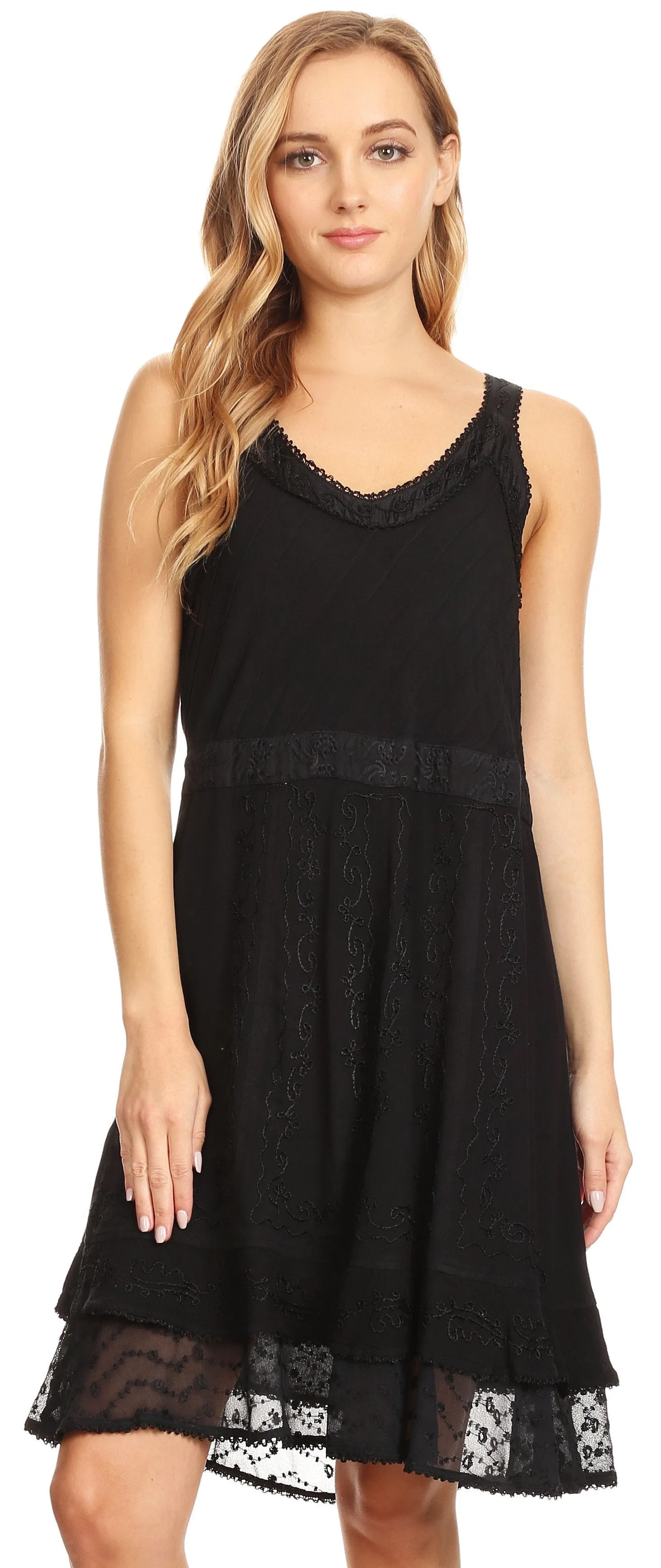 Sakkas Dalila Sleeveless Midi Dress Stonewash with Embroidery and Crochet Lace