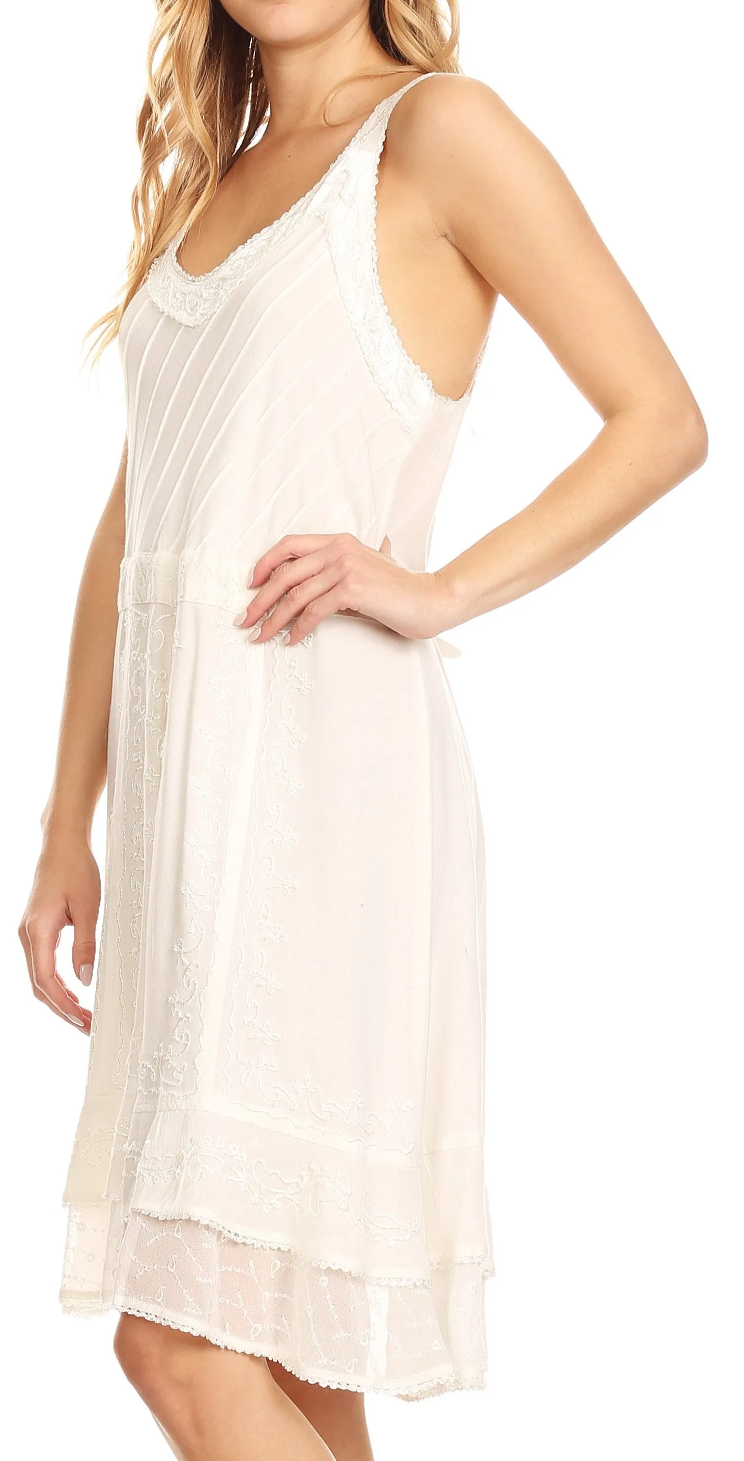 Sakkas Dalila Sleeveless Midi Dress Stonewash with Embroidery and Crochet Lace