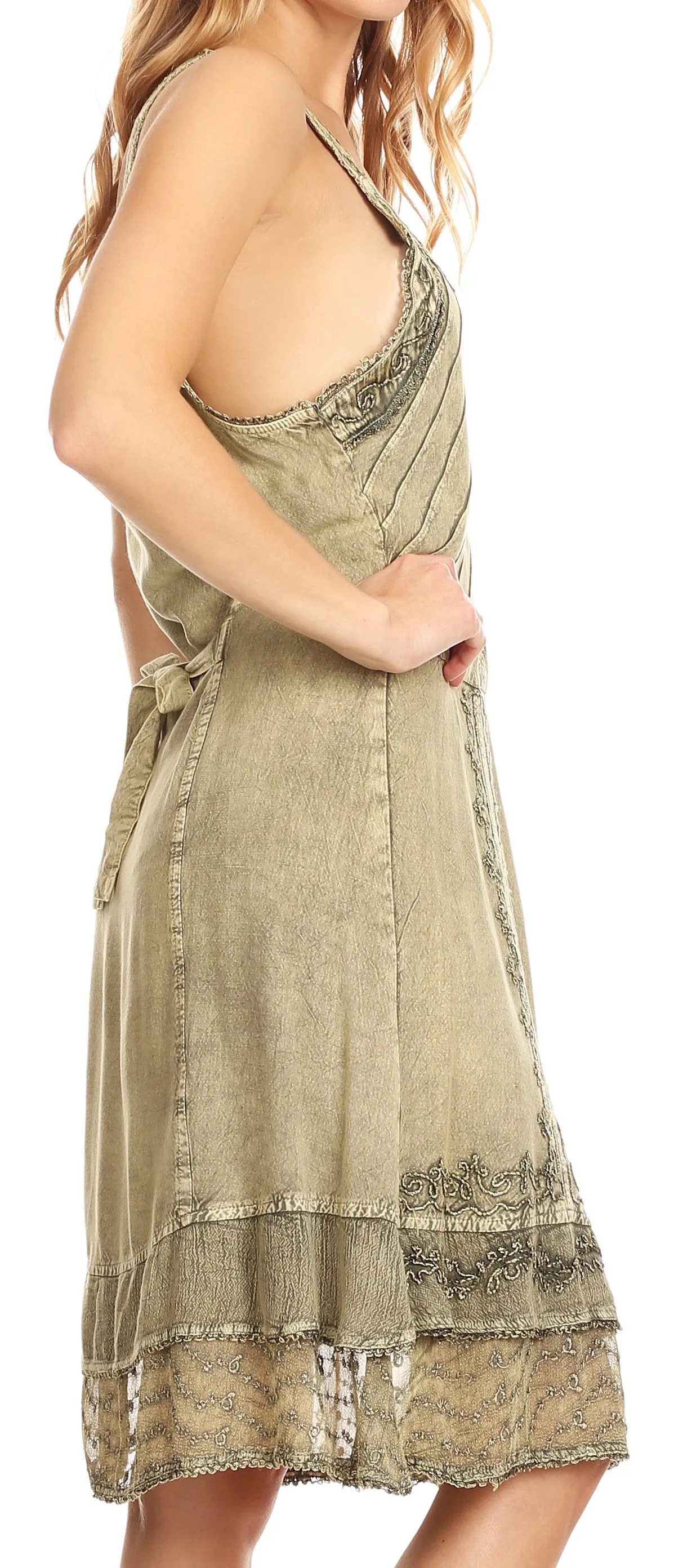 Sakkas Dalila Sleeveless Midi Dress Stonewash with Embroidery and Crochet Lace