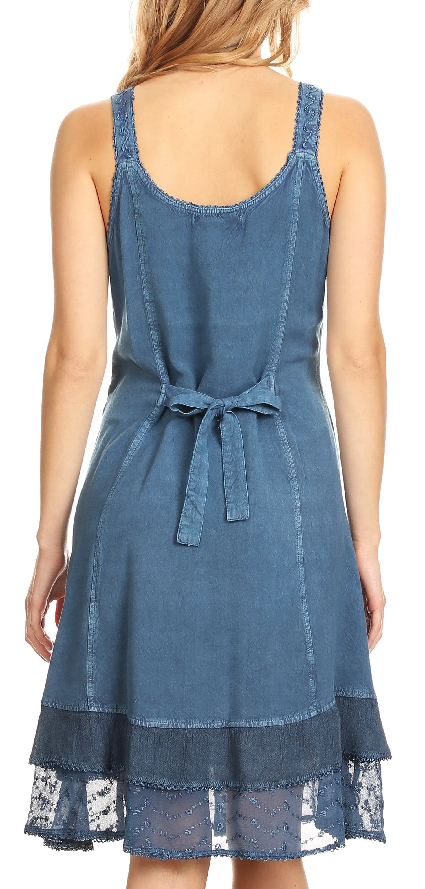 Sakkas Dalila Sleeveless Midi Dress Stonewash with Embroidery and Crochet Lace