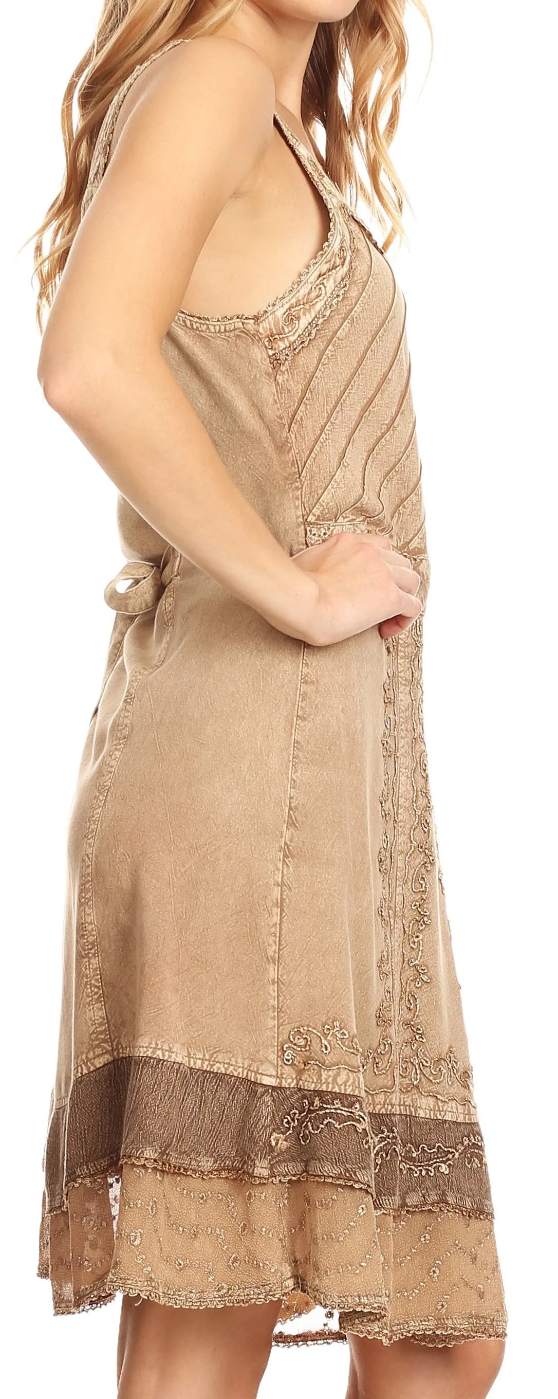 Sakkas Dalila Sleeveless Midi Dress Stonewash with Embroidery and Crochet Lace