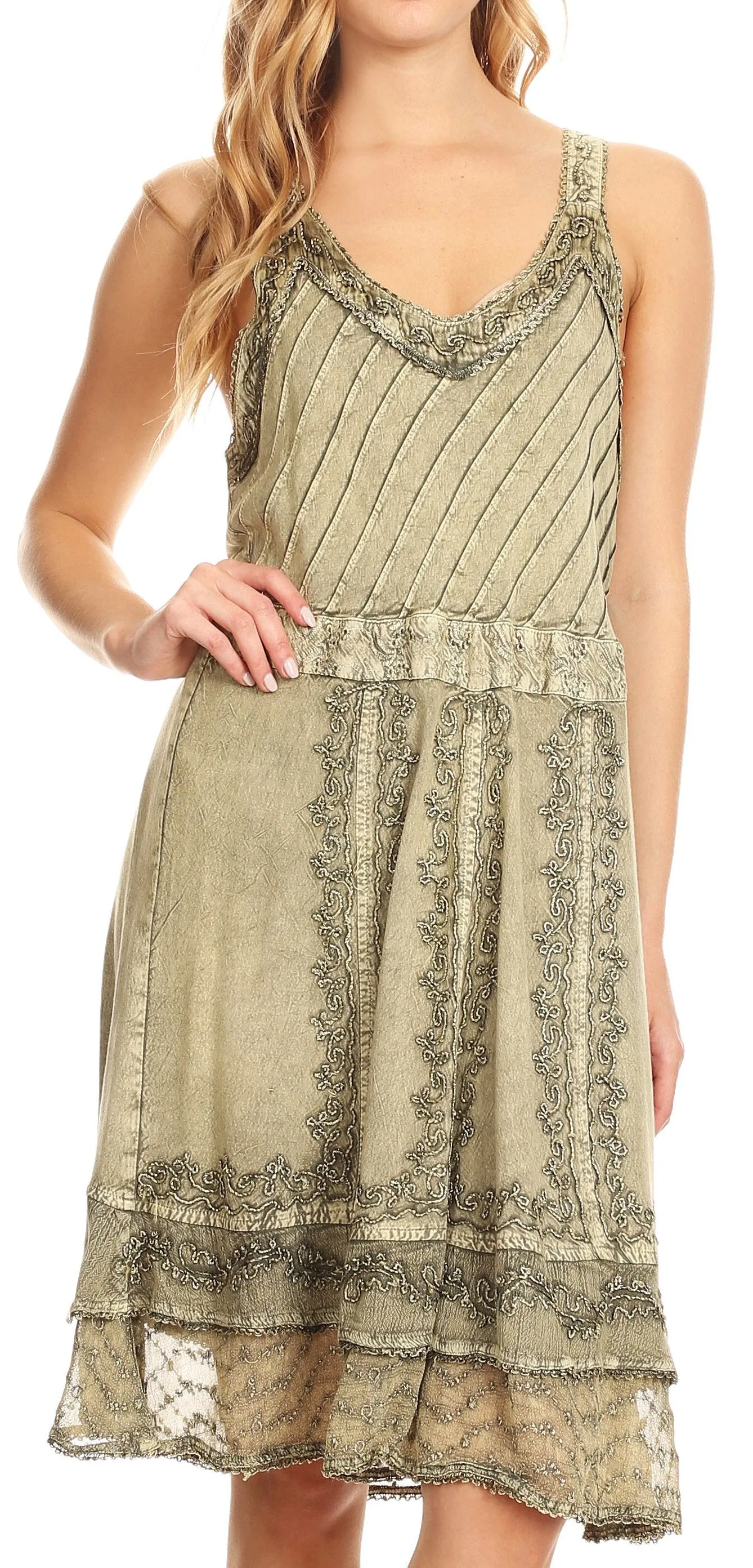 Sakkas Dalila Sleeveless Midi Dress Stonewash with Embroidery and Crochet Lace