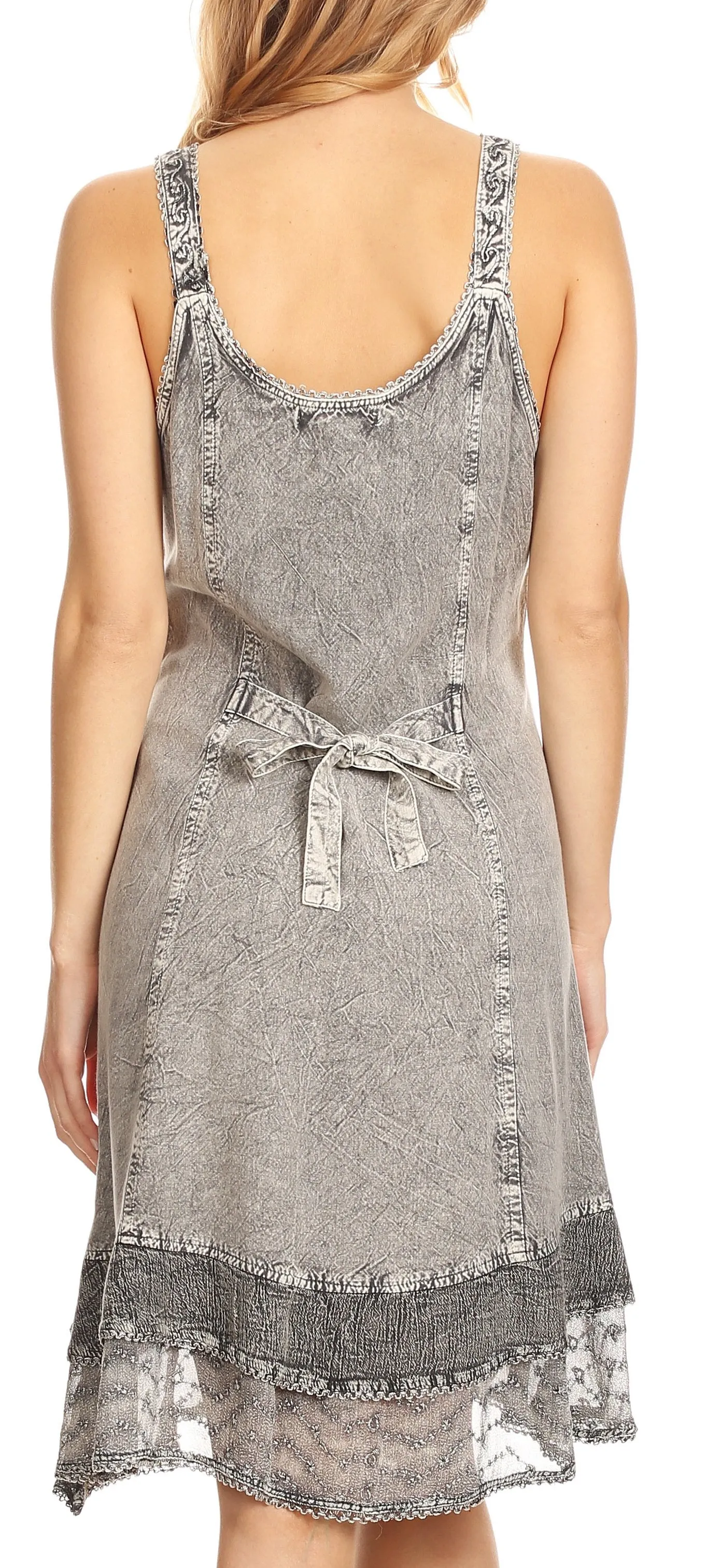 Sakkas Dalila Sleeveless Midi Dress Stonewash with Embroidery and Crochet Lace