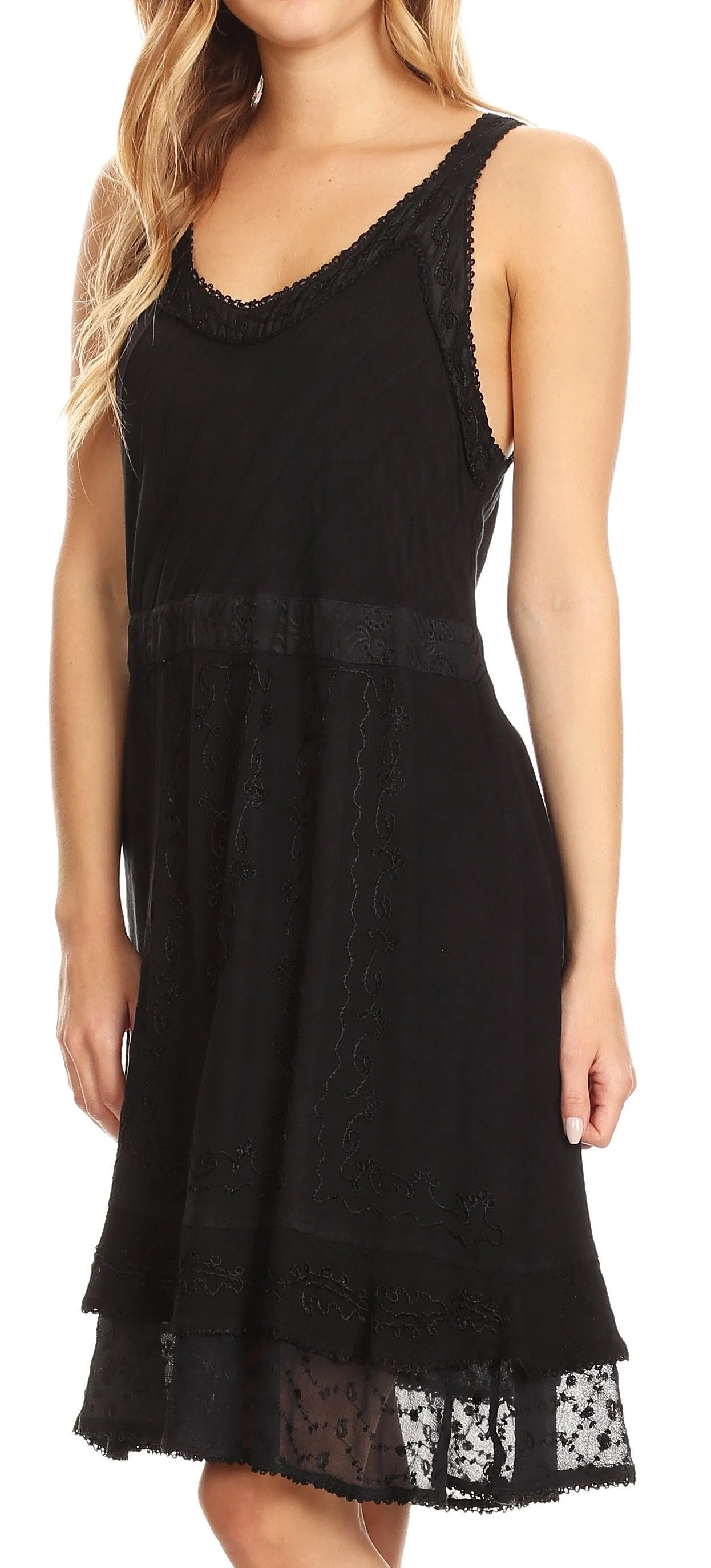 Sakkas Dalila Sleeveless Midi Dress Stonewash with Embroidery and Crochet Lace