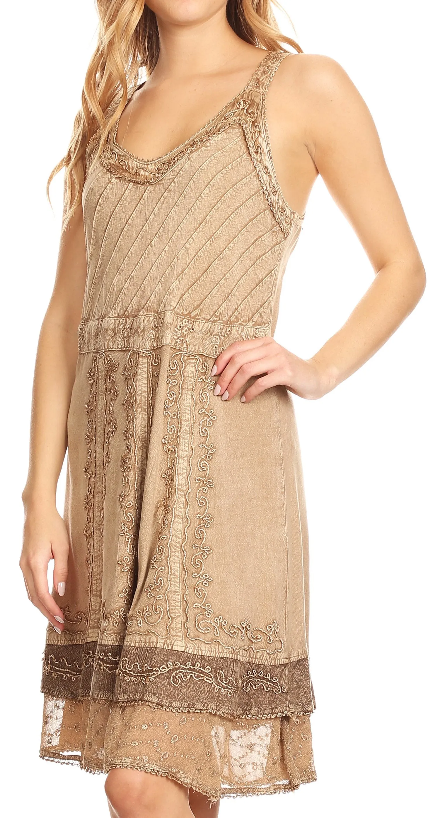 Sakkas Dalila Sleeveless Midi Dress Stonewash with Embroidery and Crochet Lace