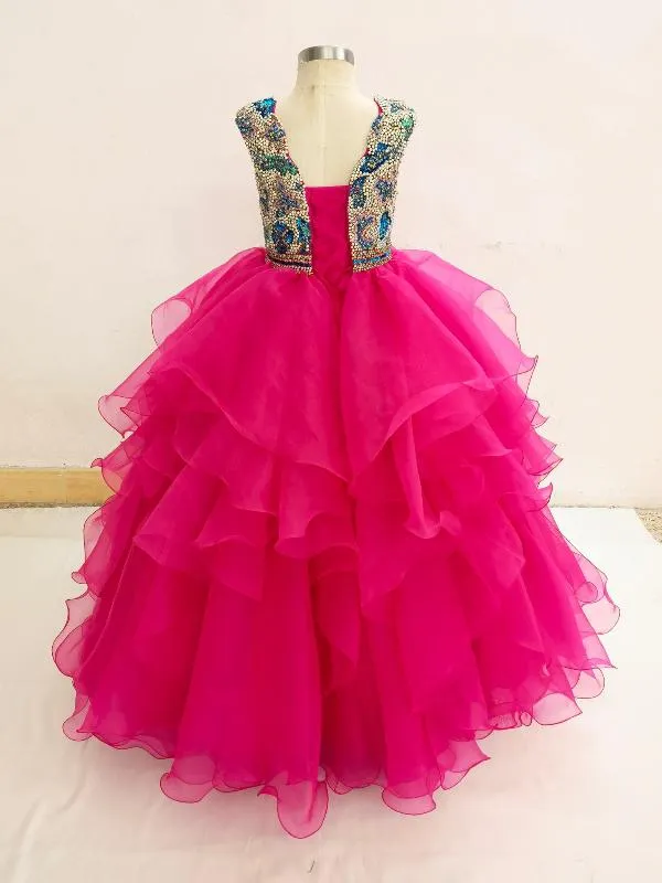 Sparkly Little Girls Cap Sleeve Pink Evening Gown