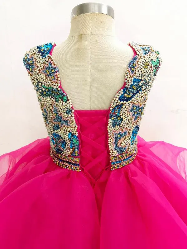 Sparkly Little Girls Cap Sleeve Pink Evening Gown