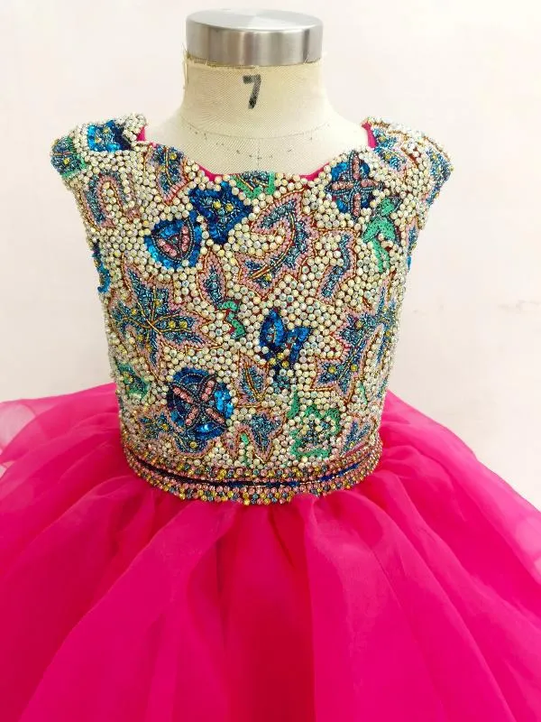 Sparkly Little Girls Cap Sleeve Pink Evening Gown