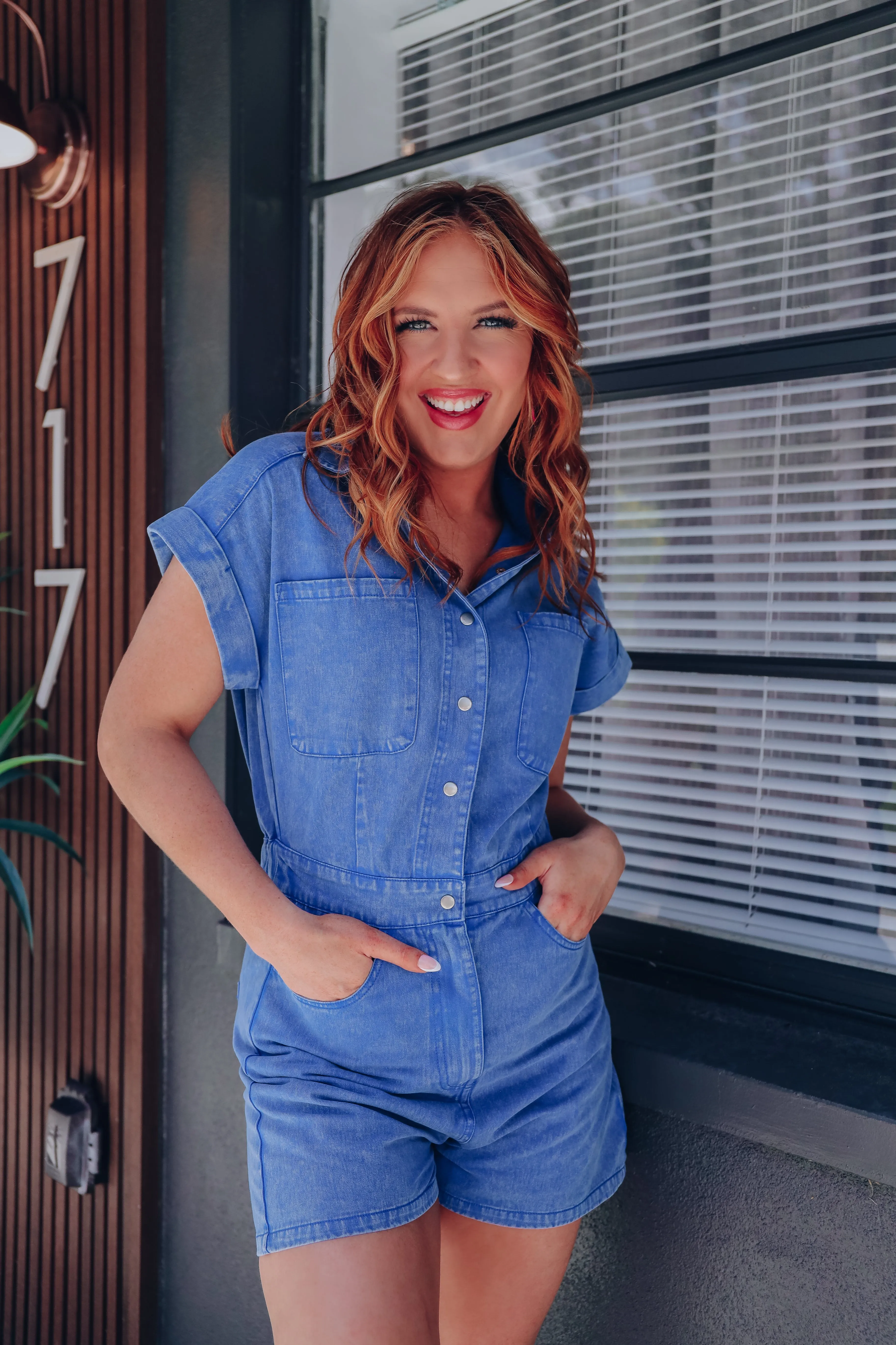 Strauss Snap Front Denim Romper - Blue