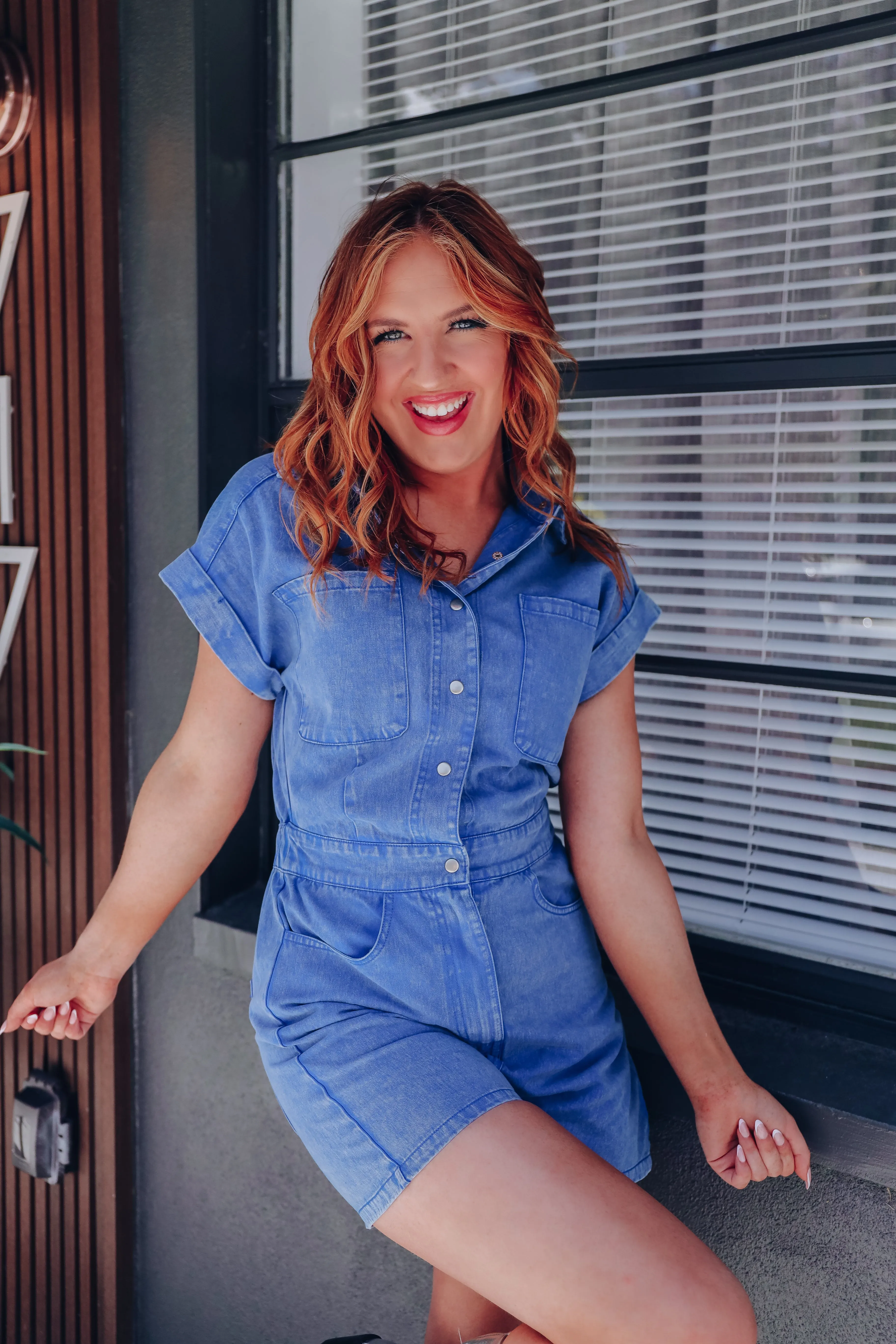 Strauss Snap Front Denim Romper - Blue