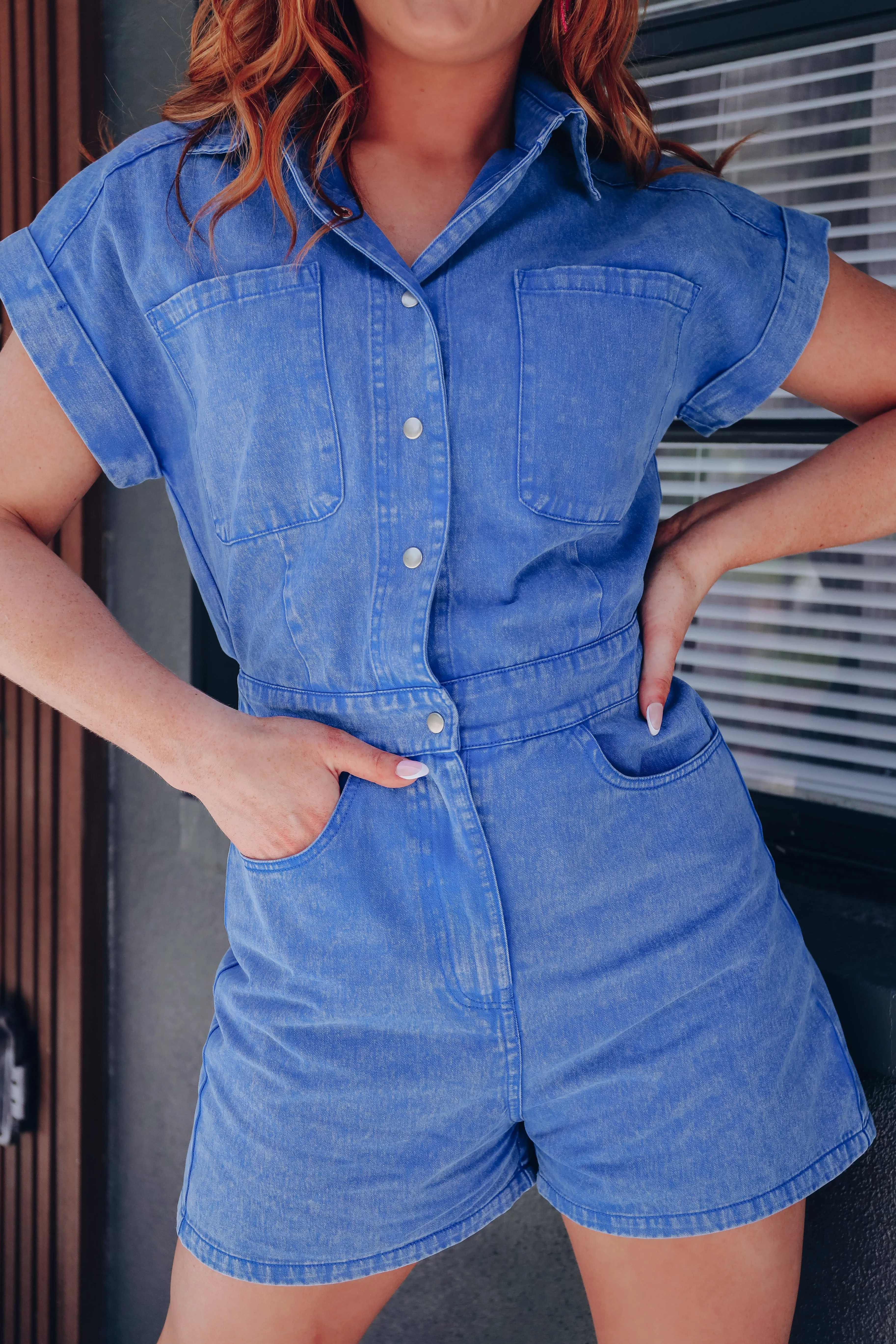 Strauss Snap Front Denim Romper - Blue
