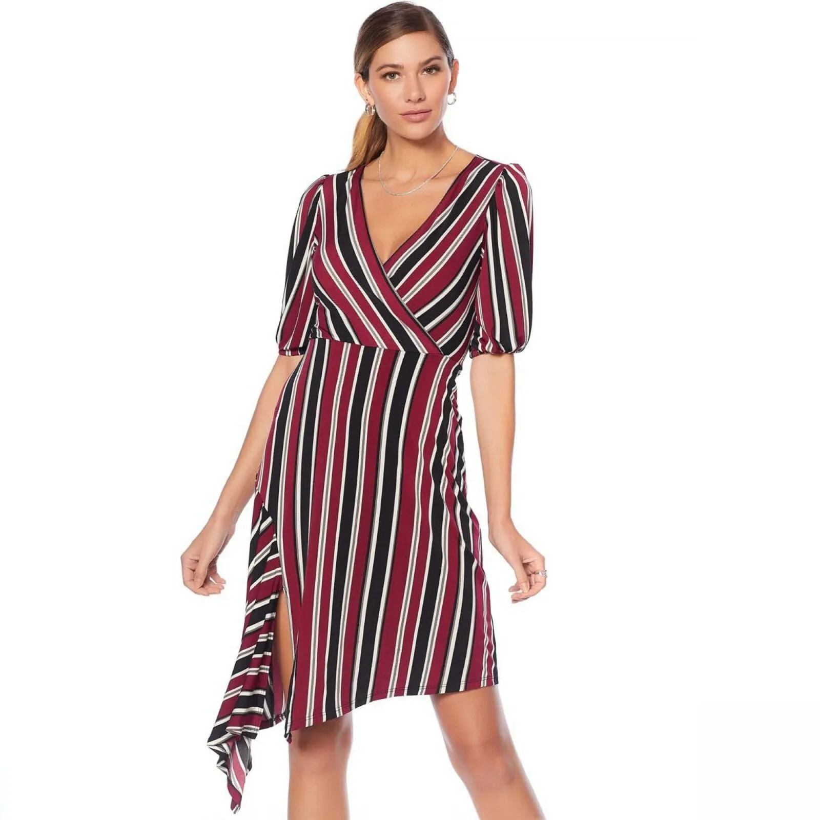 Tash   Sophie Women's Striped V Neck Dress With Asymmetric Hem Burgundy Medium