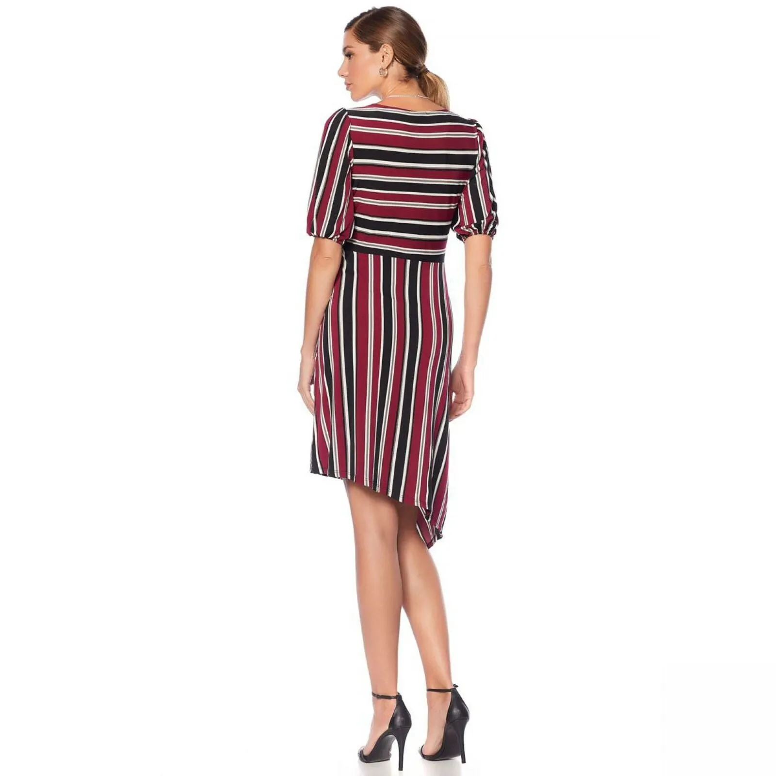 Tash   Sophie Women's Striped V Neck Dress With Asymmetric Hem Burgundy Medium