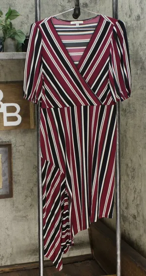 Tash   Sophie Women's Striped V Neck Dress With Asymmetric Hem Burgundy Medium