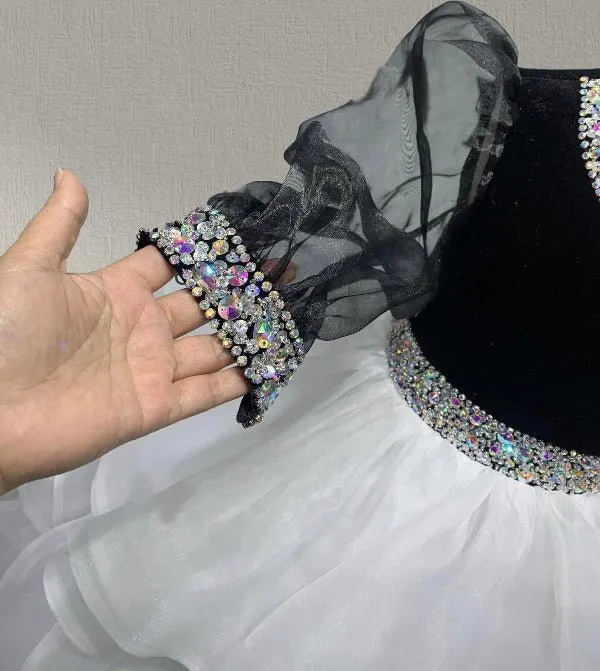 Teenage Girls Long Sleeve white and black Pageant Couture
