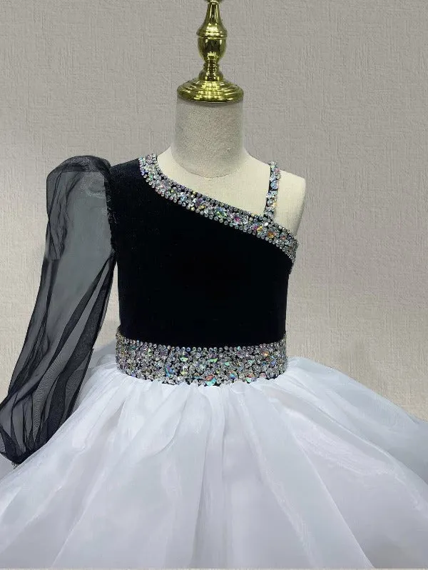 Teenage Girls Long Sleeve white and black Pageant Couture