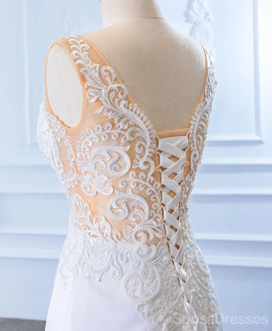 V Neck Side Slit Lace Mermaid Wedding Dresses, Cheap Wedding Gown, WD723