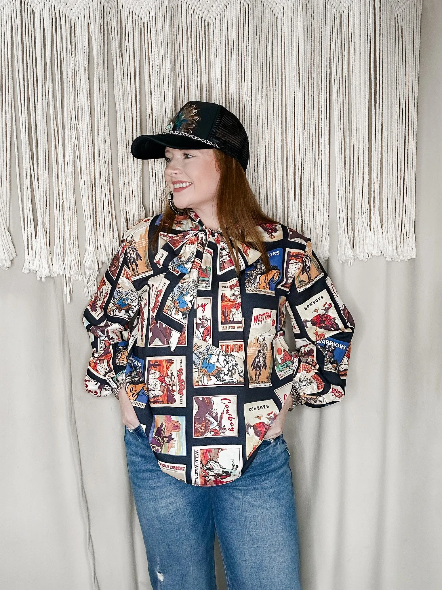 Western Stamps Tie Collar Top