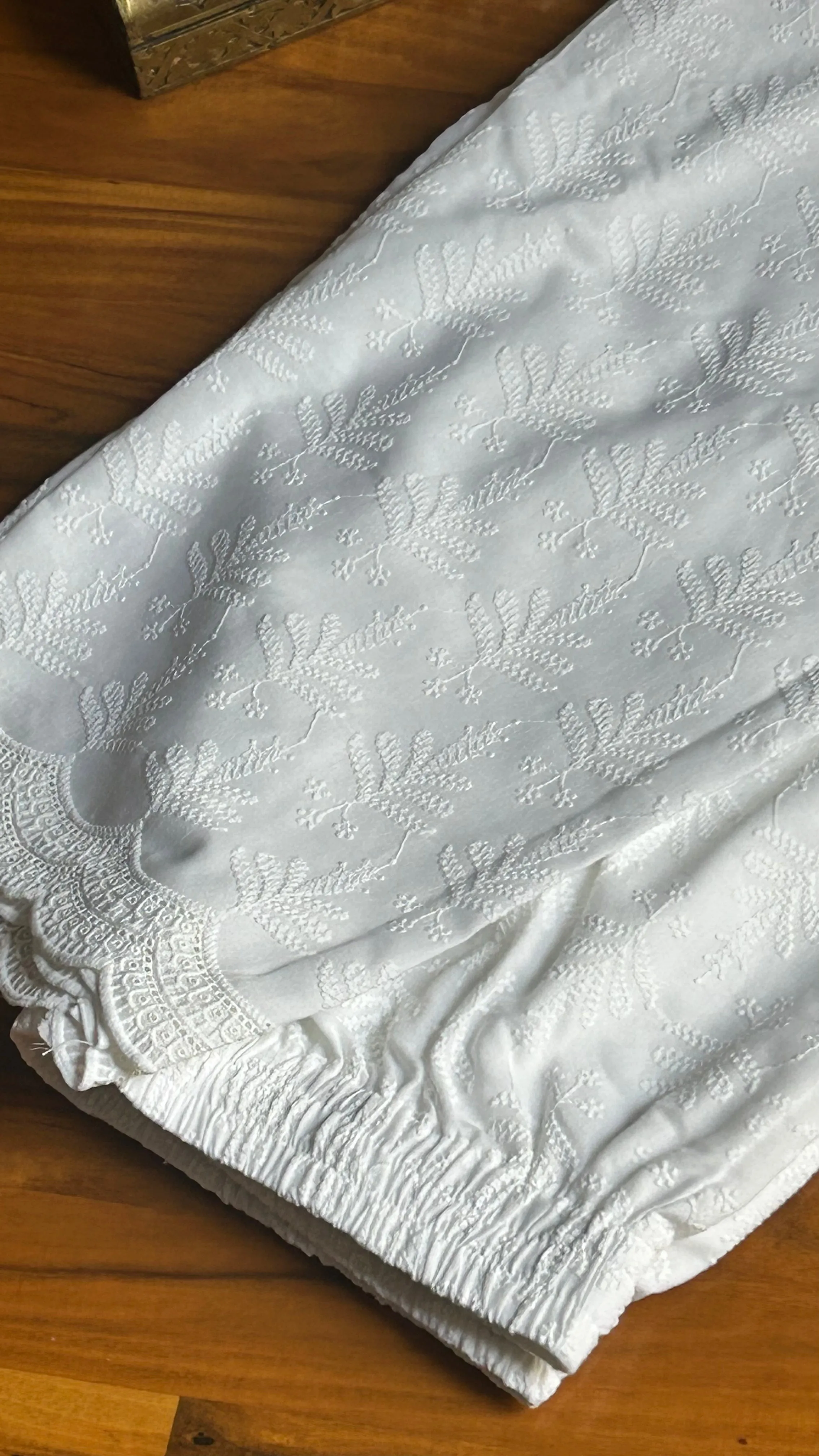White Full Chikankari Embroidery Work Straight Pant In Cotton