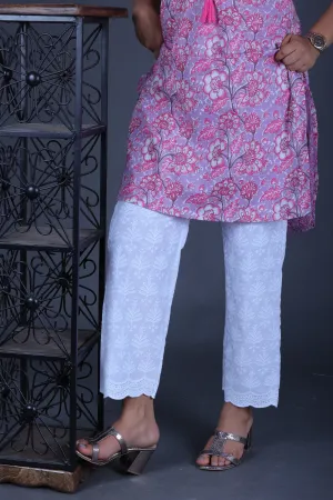 White Full Chikankari Embroidery Work Straight Pant In Cotton