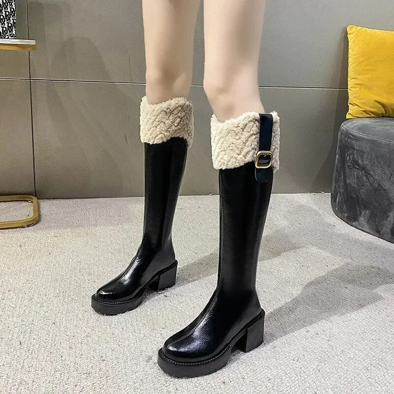 Winter Knee-High Brown Boots: Square Heel, Zip, Belt Buckle, Gothic Style