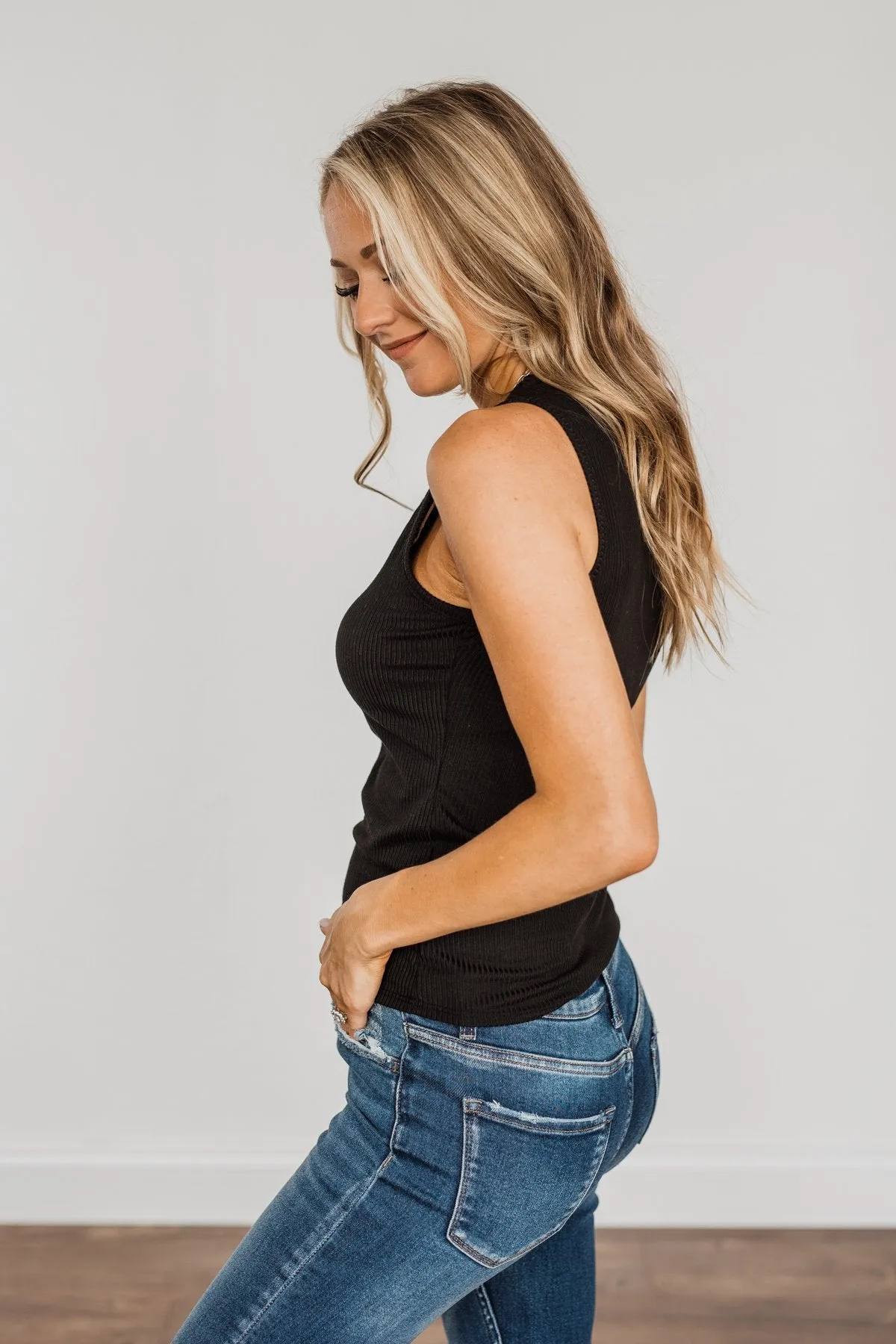Wishes Come True Ribbed Knit Tank Top- Black