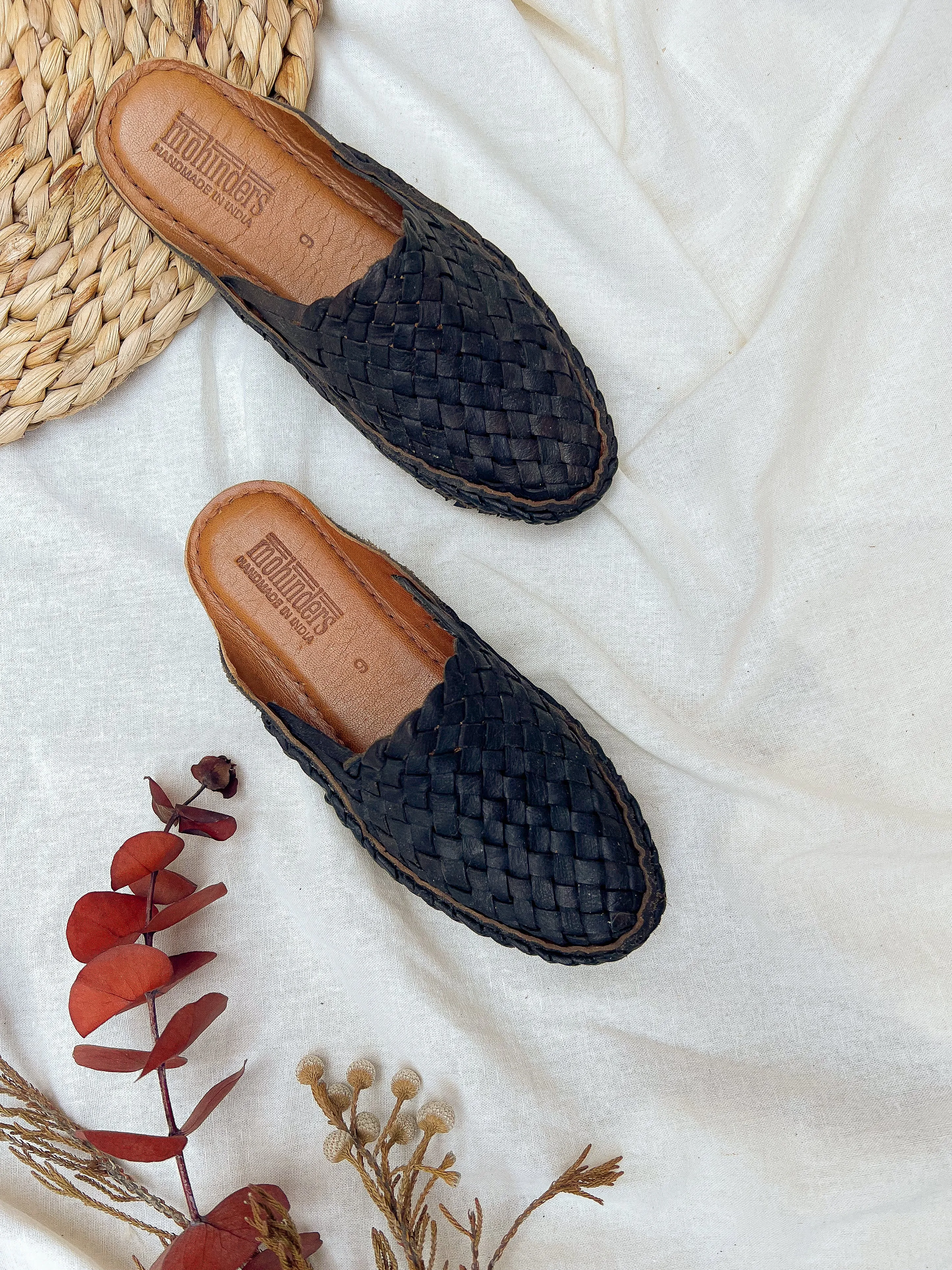 Woven Leather Slides in Charcoal