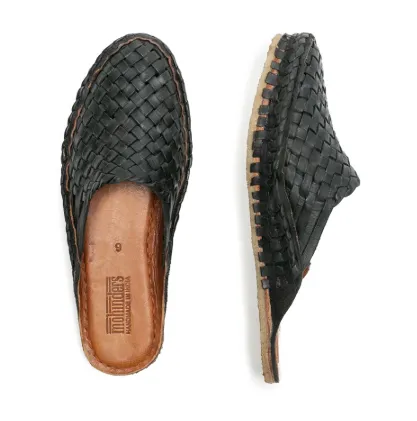 Woven Leather Slides in Charcoal