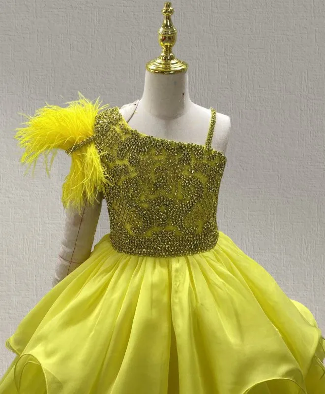 Yellow Sparkly Pageant Dress with Feather