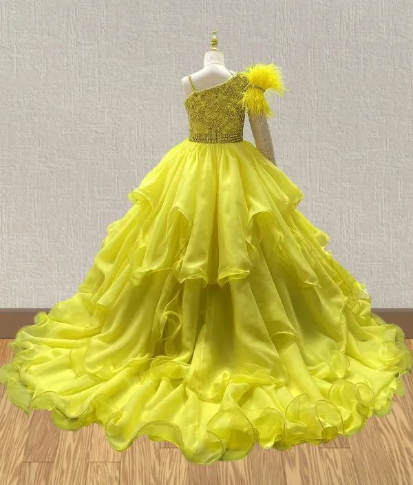 Yellow Sparkly Pageant Dress with Feather