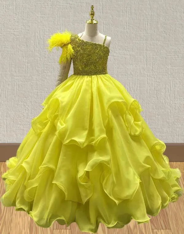 Yellow Sparkly Pageant Dress with Feather