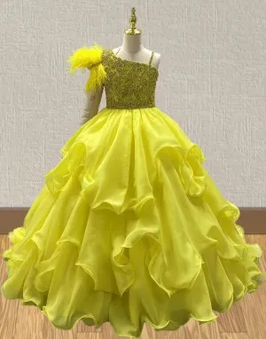 Yellow Sparkly Pageant Dress with Feather